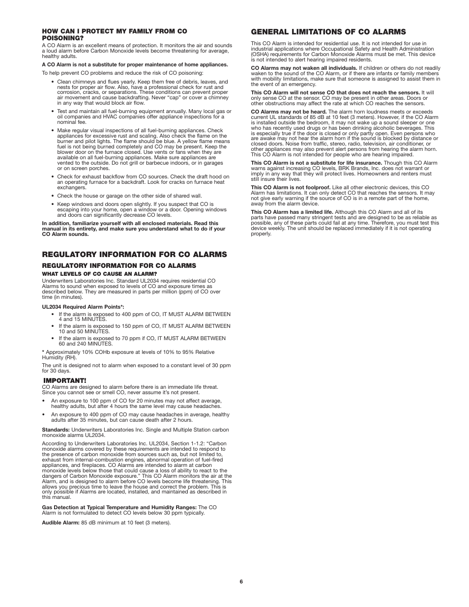 Regulatory information for co alarms, General limitations of co alarms | First Alert CO615 User Manual | Page 6 / 7