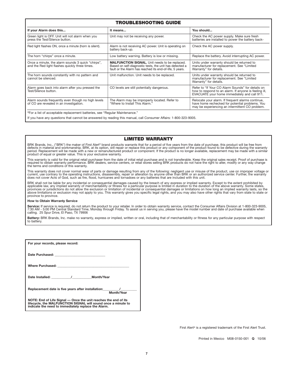 Troubleshooting guide, Limited warranty | First Alert CO615 User Manual | Page 7 / 7