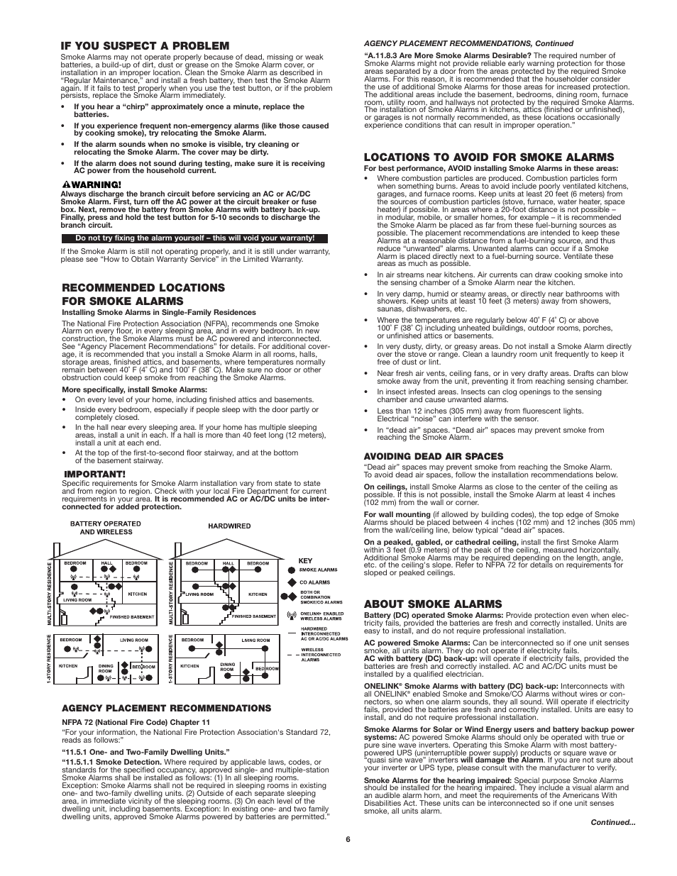 Recommended locations for smoke alarms, Locations to avoid for smoke alarms, If you suspect a problem | About smoke alarms | First Alert SA520 User Manual | Page 6 / 7