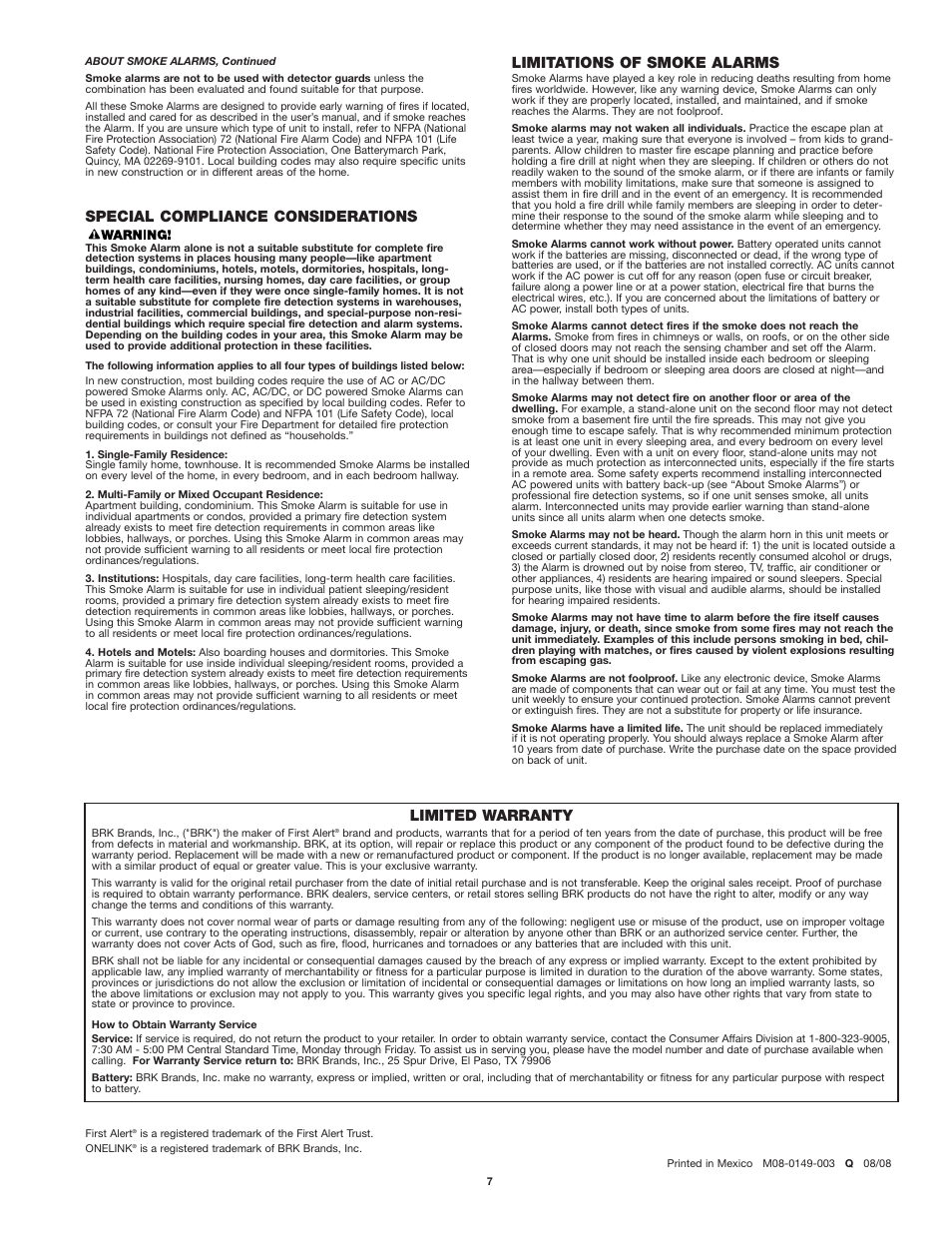 Special compliance considerations, Limitations of smoke alarms, Limited warranty | First Alert SA520 User Manual | Page 7 / 7