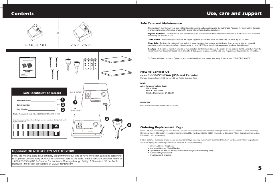 Contents use, care and support | First Alert ANTI THEFT SAFE 2079EF User Manual | Page 2 / 8