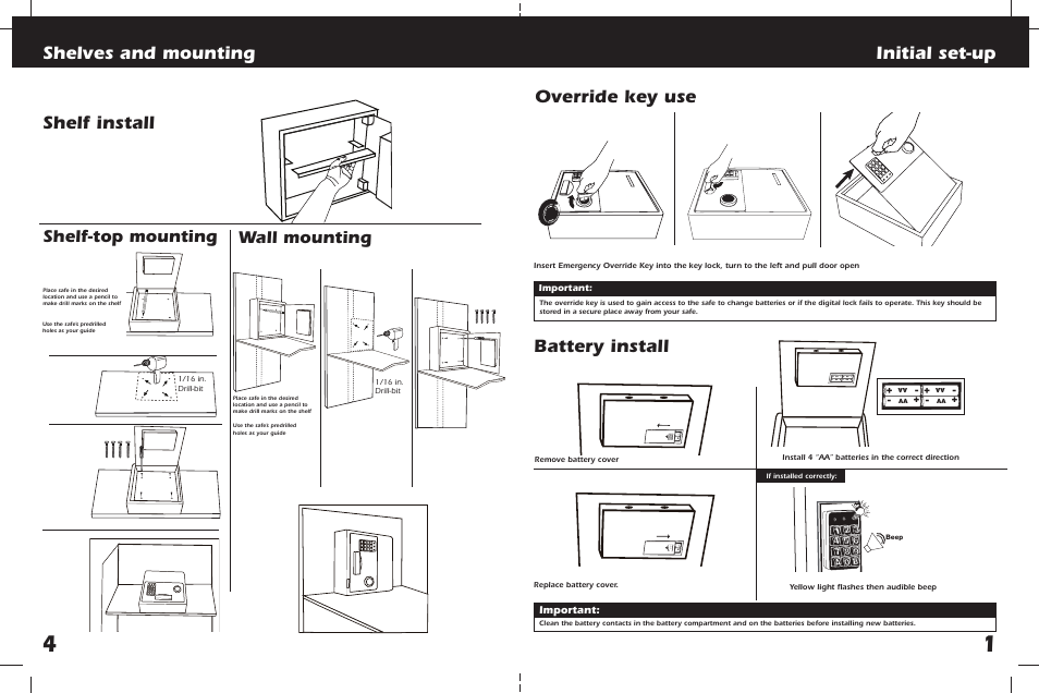 Initial set-up, Shelves and mounting, Shelf install battery install override key use | Shelf-top mounting, Wall mounting, Important | First Alert ANTI THEFT SAFE 2079EF User Manual | Page 3 / 8