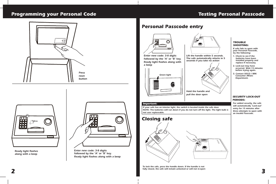 Programming your personal code, Testing personal passcode, Closing safe | Personal passcode entry | First Alert ANTI THEFT SAFE 2079EF User Manual | Page 4 / 8