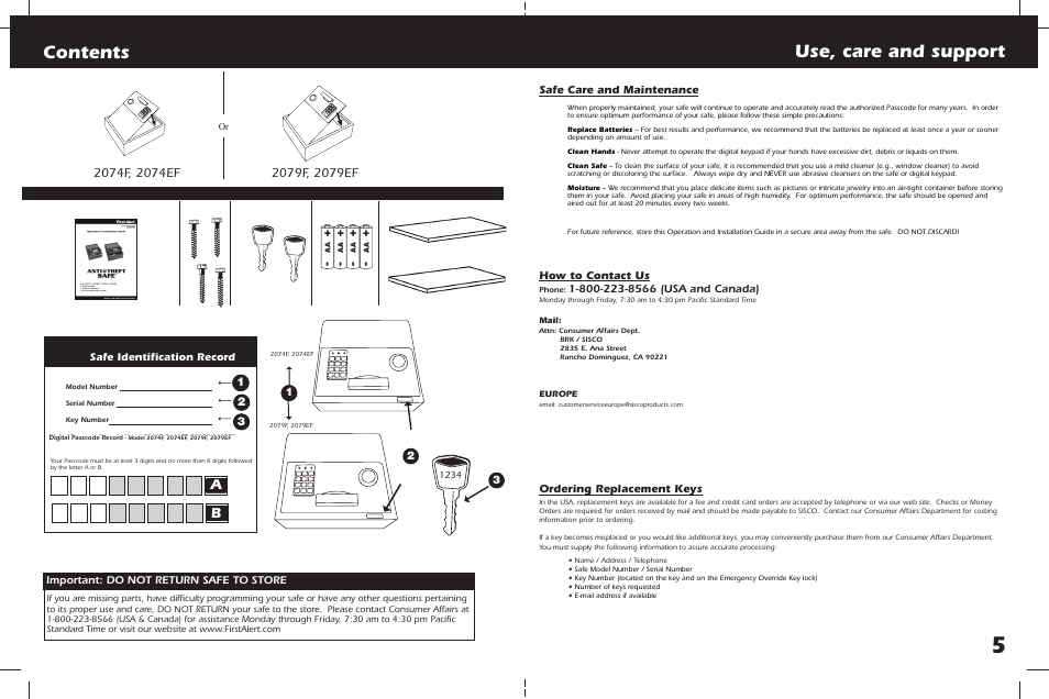 Contents use, care and support | First Alert ANTI THEFT SAFE 2079EF User Manual | Page 7 / 8