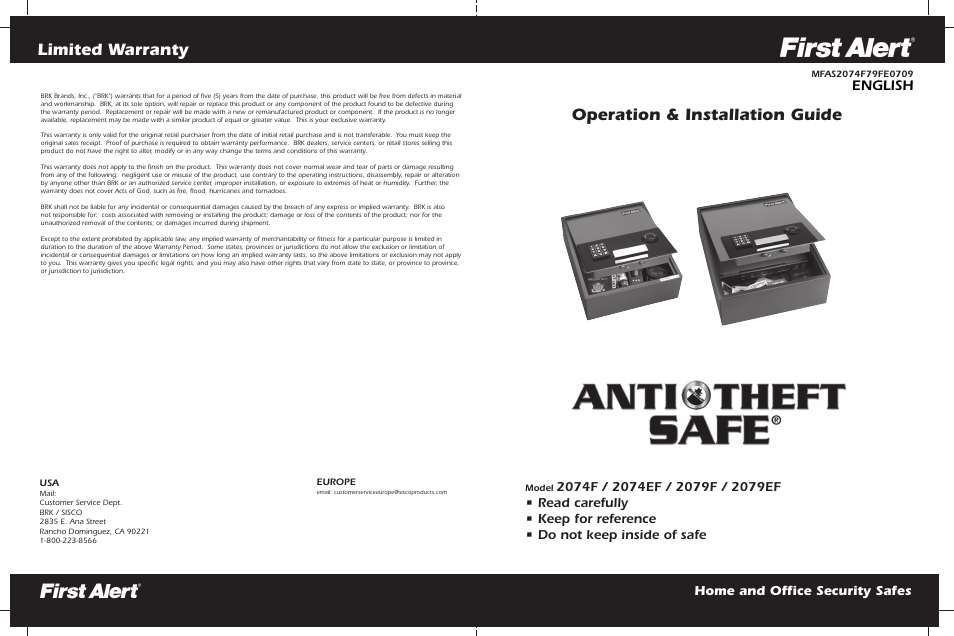 Operation & installation guide limited warranty, English, Home and office security safes | First Alert ANTI THEFT SAFE 2079EF User Manual | Page 8 / 8