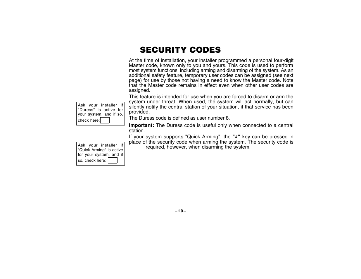 Security codes | First Alert FA120C User Manual | Page 10 / 44