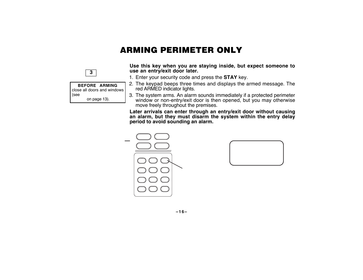 Arming perimeter only | First Alert FA120C User Manual | Page 16 / 44