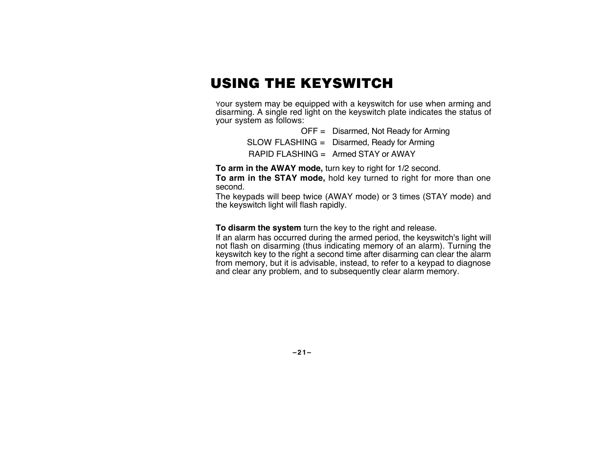 Using the keyswitch | First Alert FA120C User Manual | Page 21 / 44