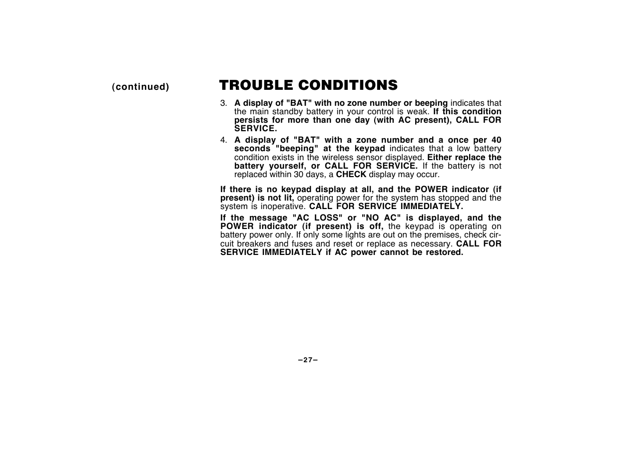 Trouble conditions | First Alert FA120C User Manual | Page 27 / 44