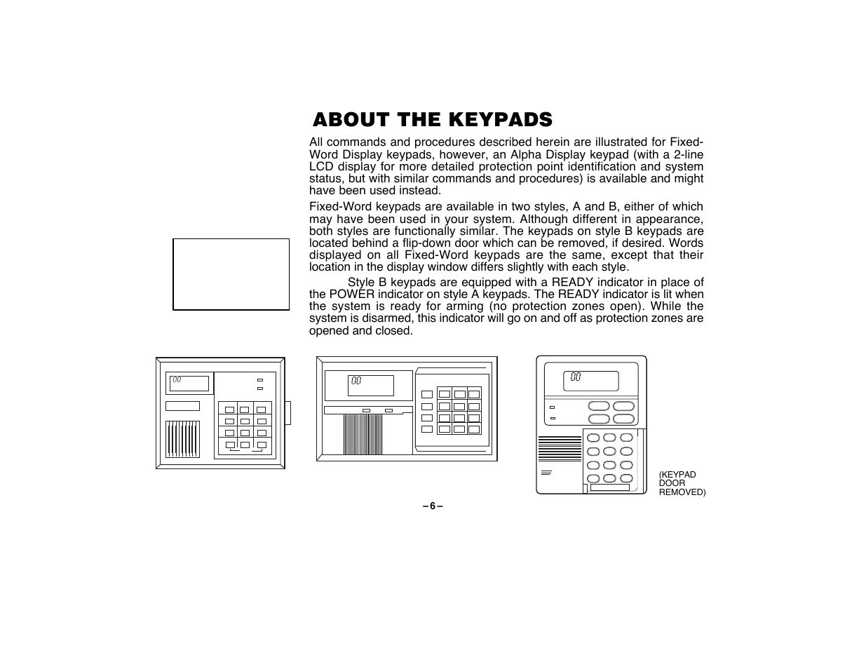 About the keypads, Р 6 р, Fa200kp | Fa310kp, Fa250kp, Keypad door removed) | First Alert FA120C User Manual | Page 6 / 44