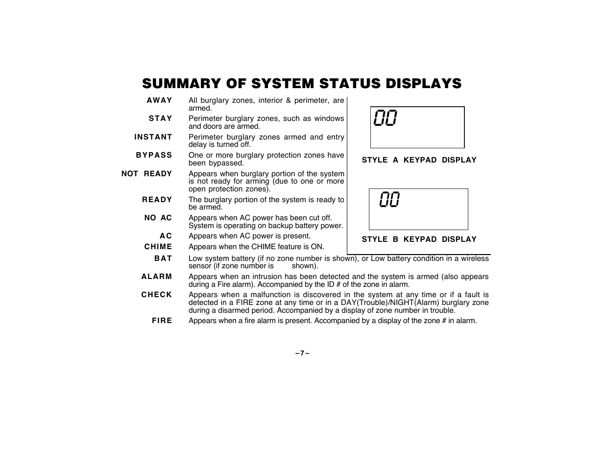 Summary of system status displays | First Alert FA120C User Manual | Page 7 / 44