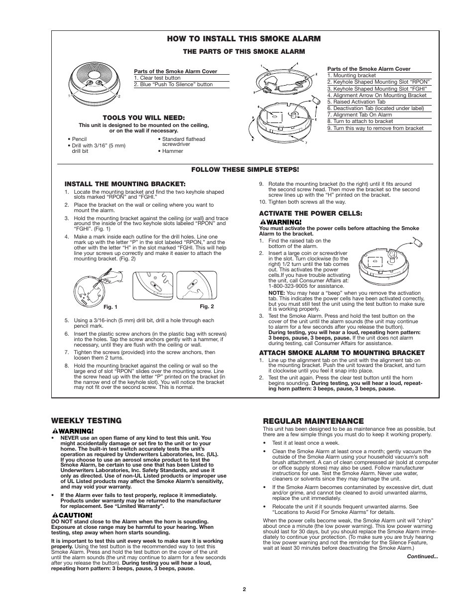 How to install this smoke alarm, Weekly testing, Regular maintenance | First Alert 4010YR User Manual | Page 2 / 5