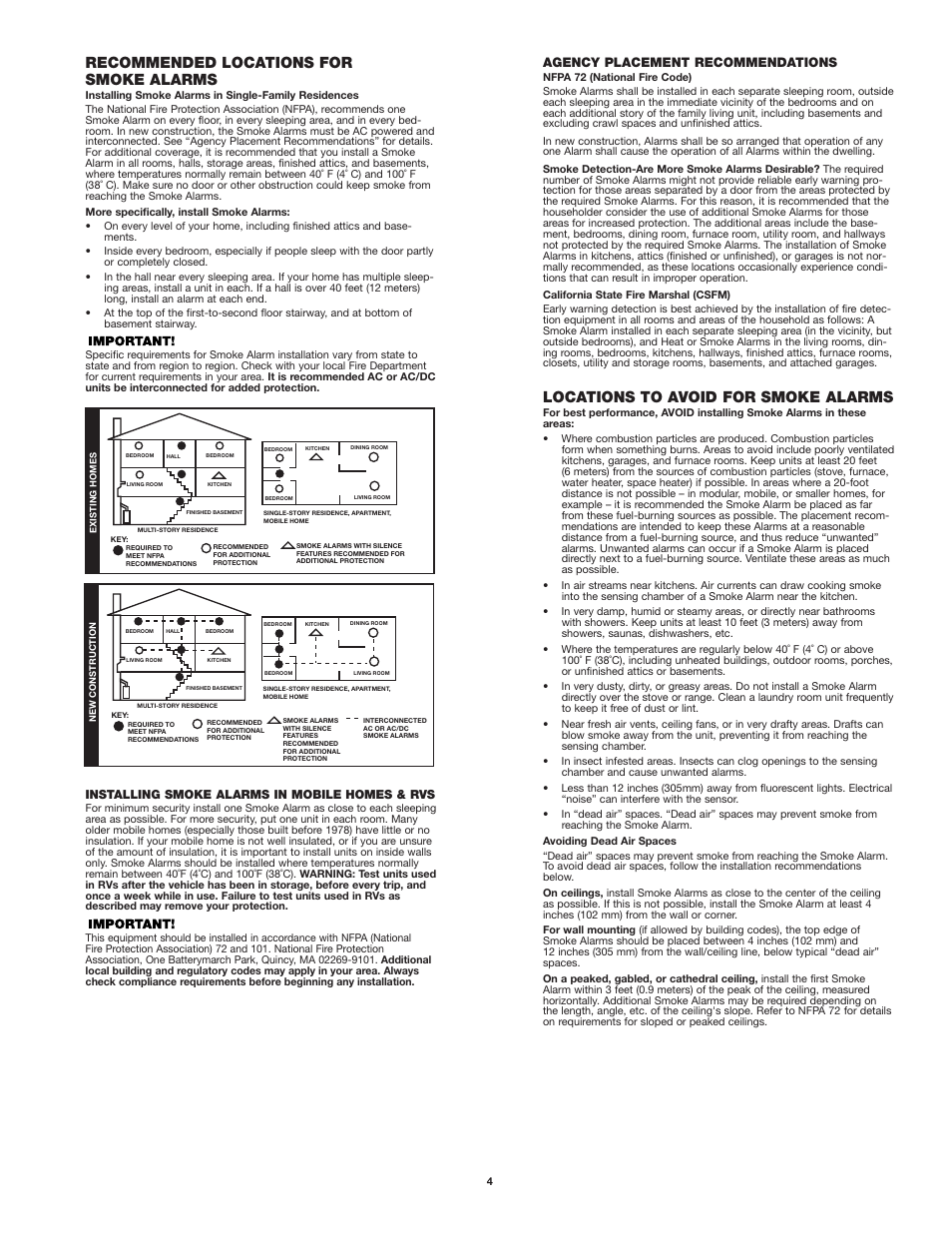 Recommended locations for smoke alarms, Locations to avoid for smoke alarms, Agency placement recommendations | Installing smoke alarms in mobile homes & rvs | First Alert 4010YR User Manual | Page 4 / 5