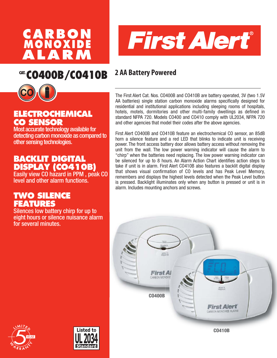 First Alert Carbon Monoxide Alarm C0410B User Manual | 2 pages