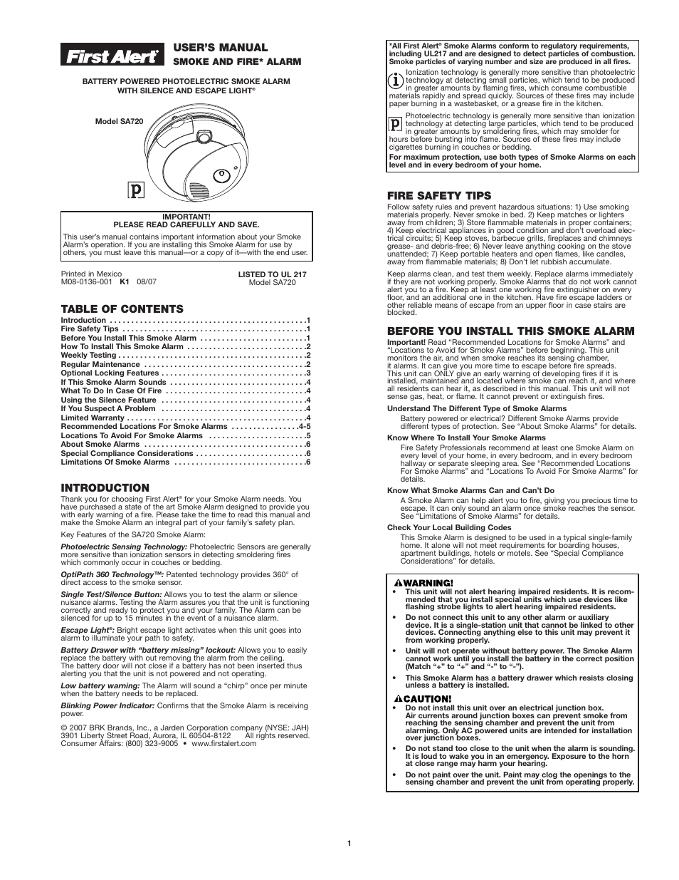 First Alert SA720 User Manual | 6 pages