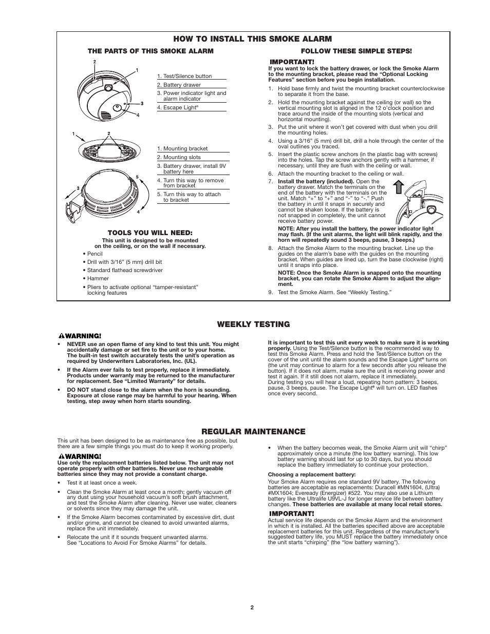 How to install this smoke alarm, Weekly testing regular maintenance | First Alert SA720 User Manual | Page 2 / 6