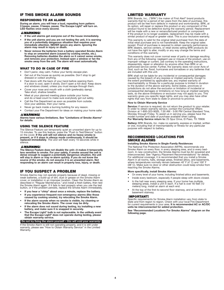 If this smoke alarm sounds, If you suspect a problem, Limited warranty | Recommended locations for smoke alarms | First Alert SA720 User Manual | Page 4 / 6