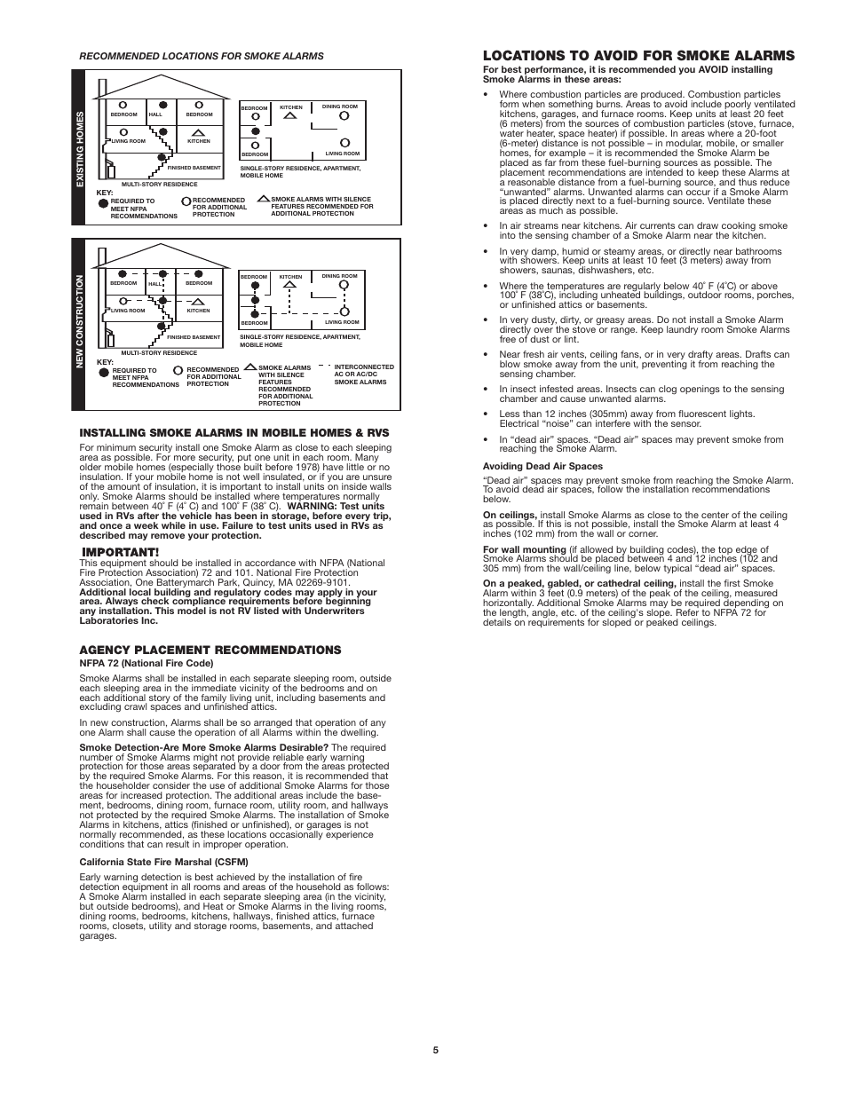 Locations to avoid for smoke alarms, Agency placement recommendations, Installing smoke alarms in mobile homes & rvs | First Alert SA720 User Manual | Page 5 / 6