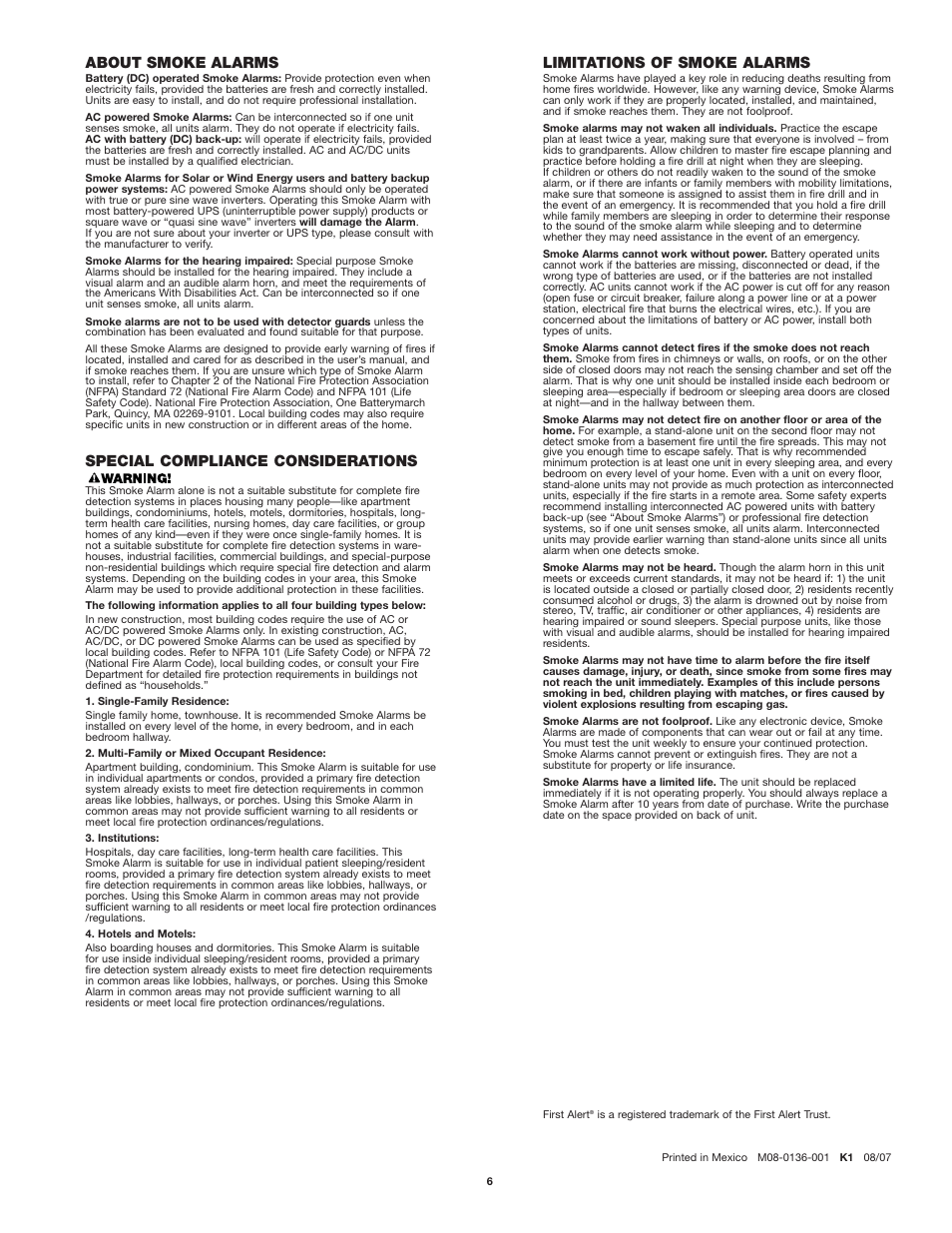 Special compliance considerations, Limitations of smoke alarms, About smoke alarms | First Alert SA720 User Manual | Page 6 / 6