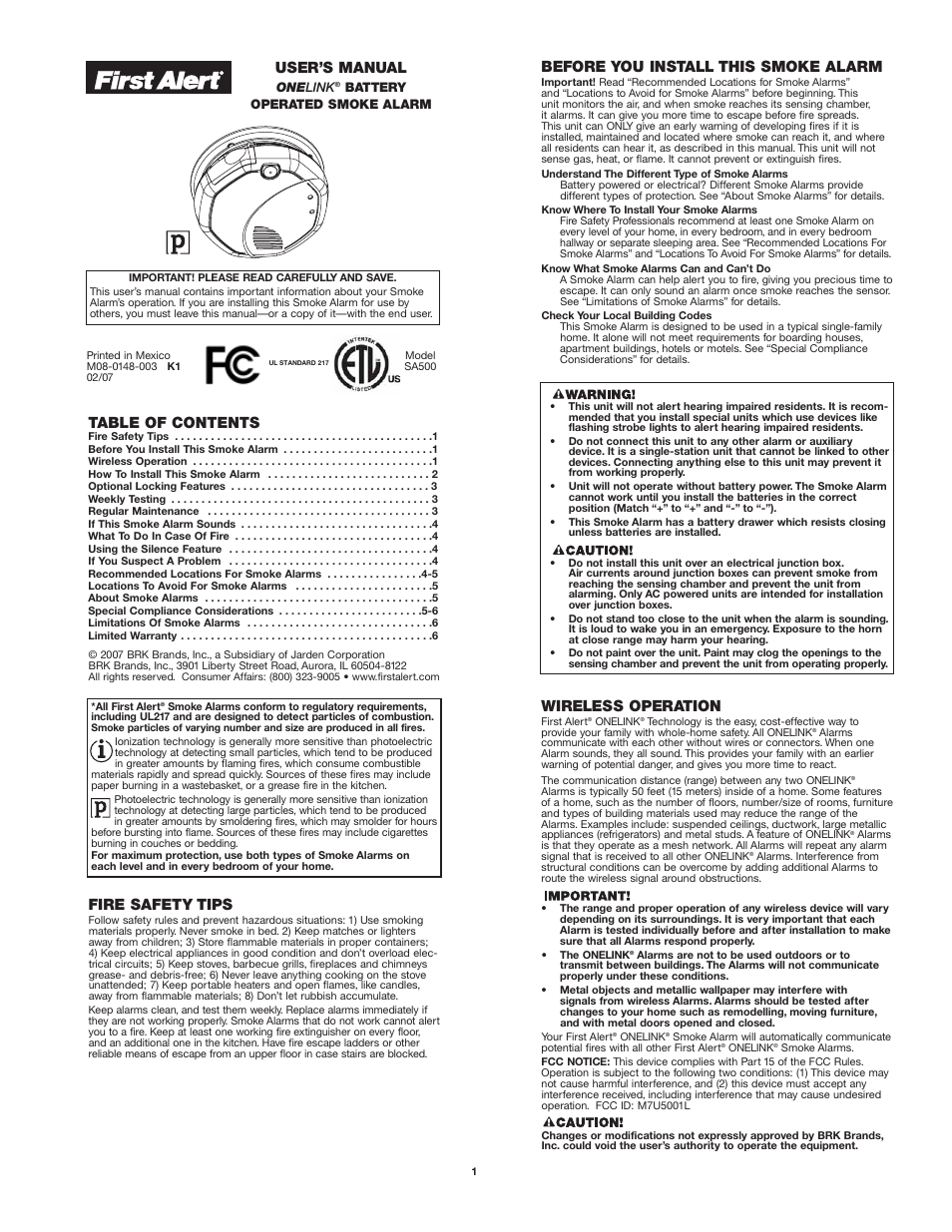 First Alert SA500 User Manual | 6 pages