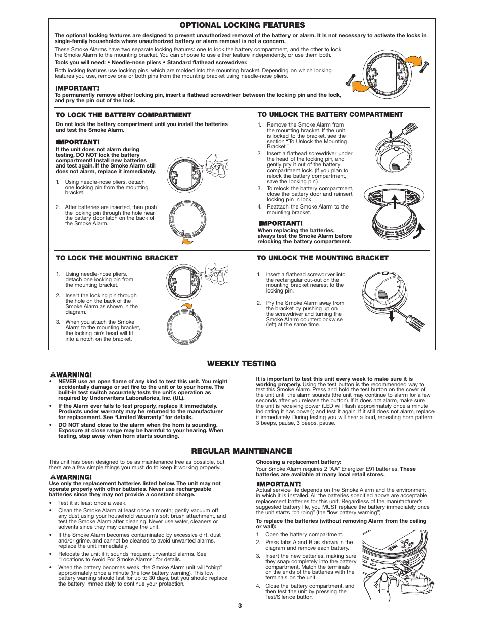 Optional locking features, Weekly testing regular maintenance | First Alert SA500 User Manual | Page 3 / 6