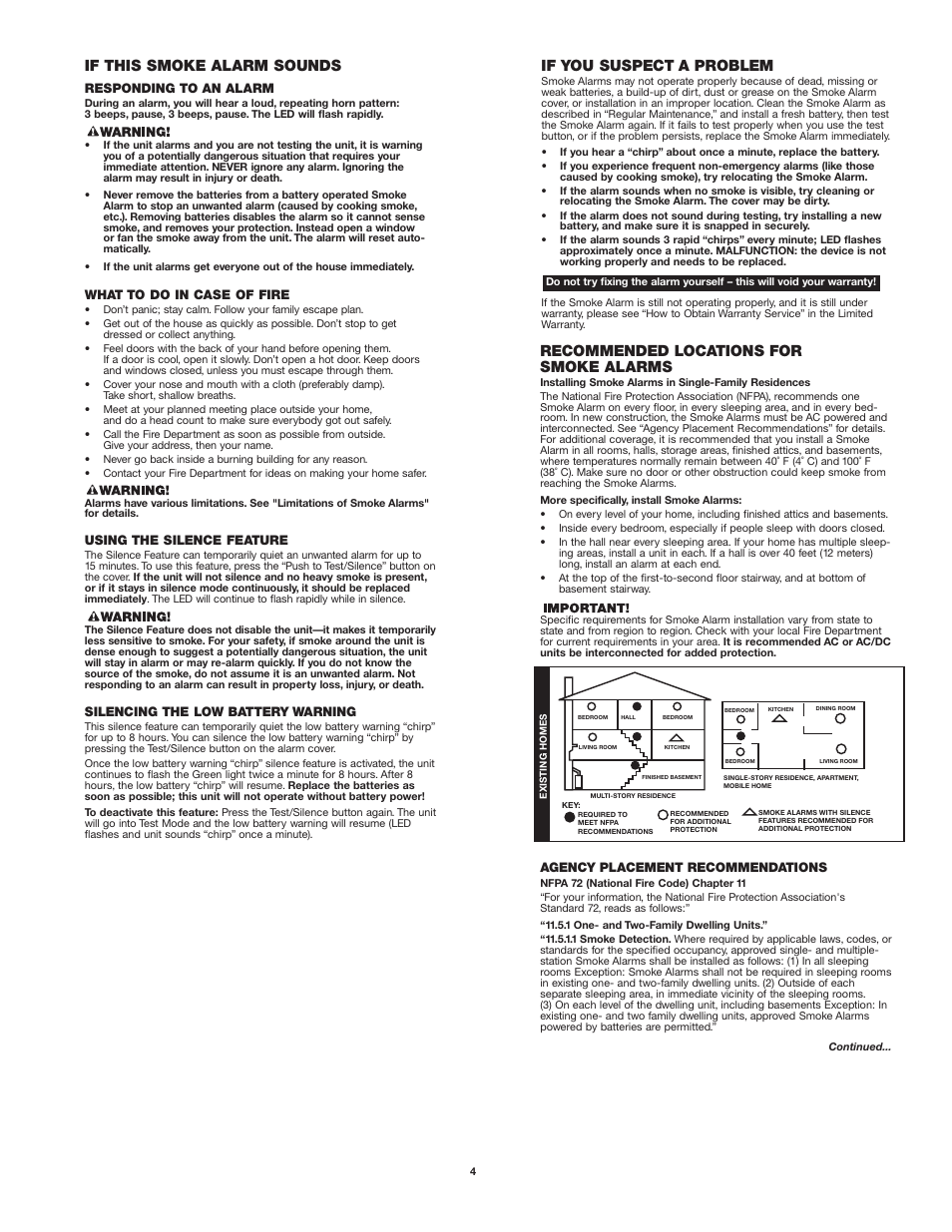 If this smoke alarm sounds, If you suspect a problem, Recommended locations for smoke alarms | Responding to an alarm, What to do in case of fire, Using the silence feature, Silencing the low battery warning, Agency placement recommendations | First Alert SA500 User Manual | Page 4 / 6