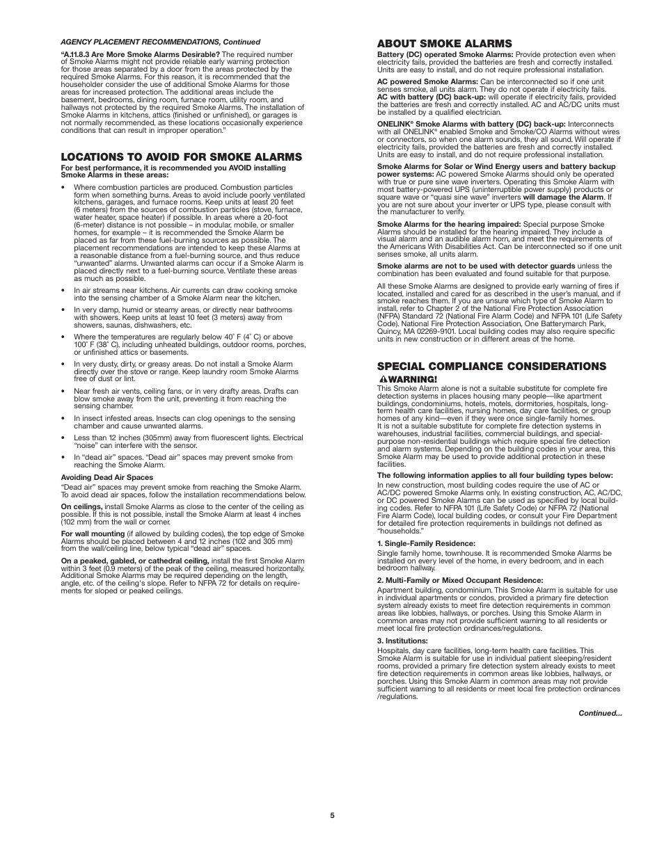 Locations to avoid for smoke alarms, Special compliance considerations, About smoke alarms | First Alert SA500 User Manual | Page 5 / 6