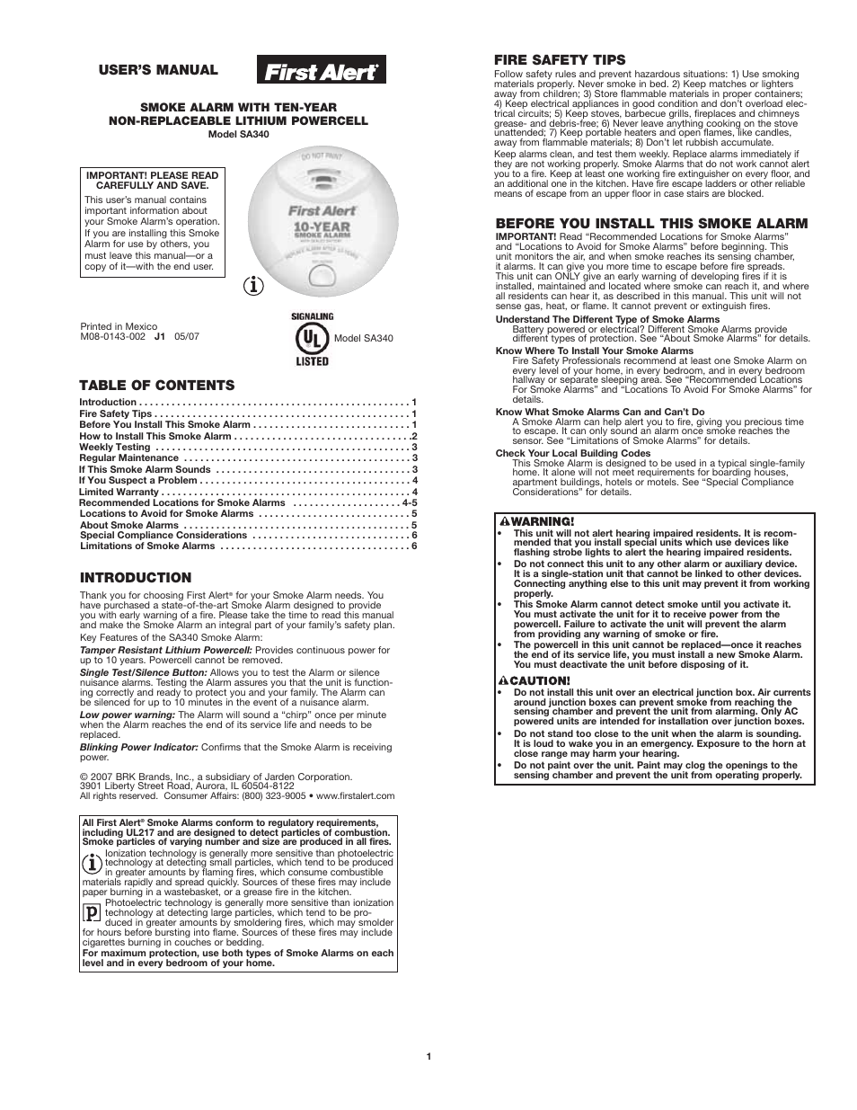 First Alert SA340 User Manual | 6 pages