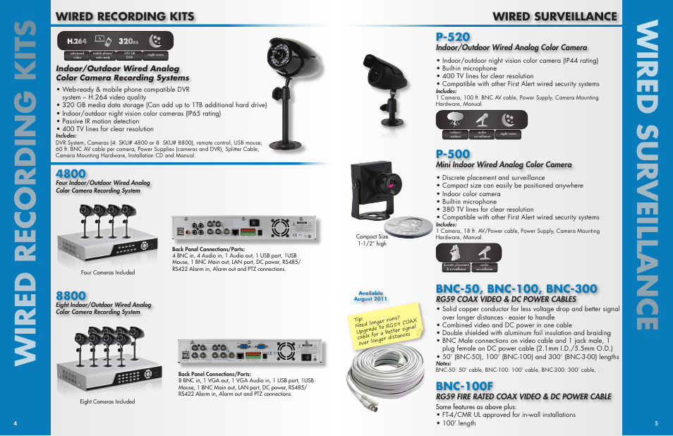 Wired recording kits, Wired surveillance, P-520 | P-500, Bnc-100f, Indoor/outdoor wired analog color camera, Mini indoor wired analog color camera, Rg59 coax video & dc power cables, Rg59 fire rated coax video & dc power cable | First Alert Security Camera 4800 User Manual | Page 3 / 7