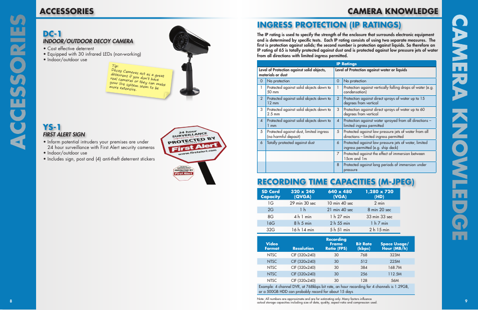 Accessories camera knowledge, Dc-1, Ys-1 | Ingress protection (ip ratings), Recording time capacities (m-jpeg), Indoor/outdoor decoy camera, First alert sign | First Alert Security Camera 4800 User Manual | Page 5 / 7