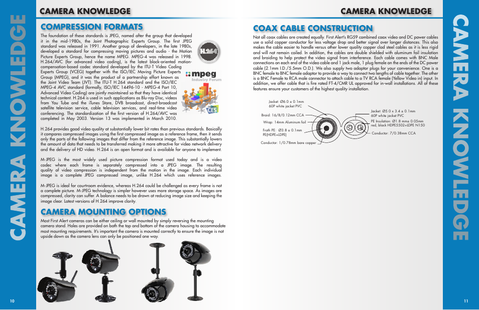 Camera knowledge, Compression formats, Camera mounting options | Coax cable construction | First Alert Security Camera 4800 User Manual | Page 6 / 7