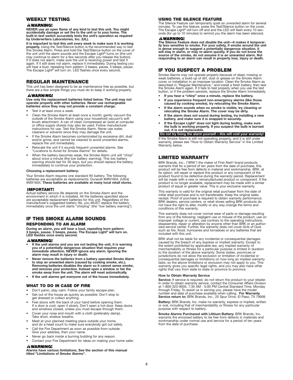 Weekly testing, Regular maintenance, If this smoke alarm sounds | Limited warranty, If you suspect a problem | First Alert SA304 User Manual | Page 3 / 5