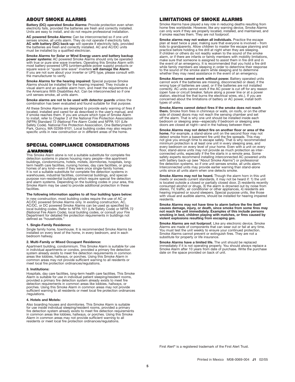 About smoke alarms, Special compliance considerations, Limitations of smoke alarms | First Alert SA304 User Manual | Page 5 / 5