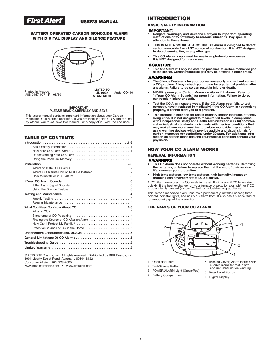 First Alert KV-T29SN81 CO410 User Manual | 6 pages