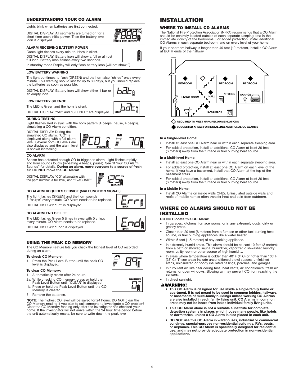 Installation, Where co alarms should not be installed | First Alert KV-T29SN81 CO410 User Manual | Page 2 / 6