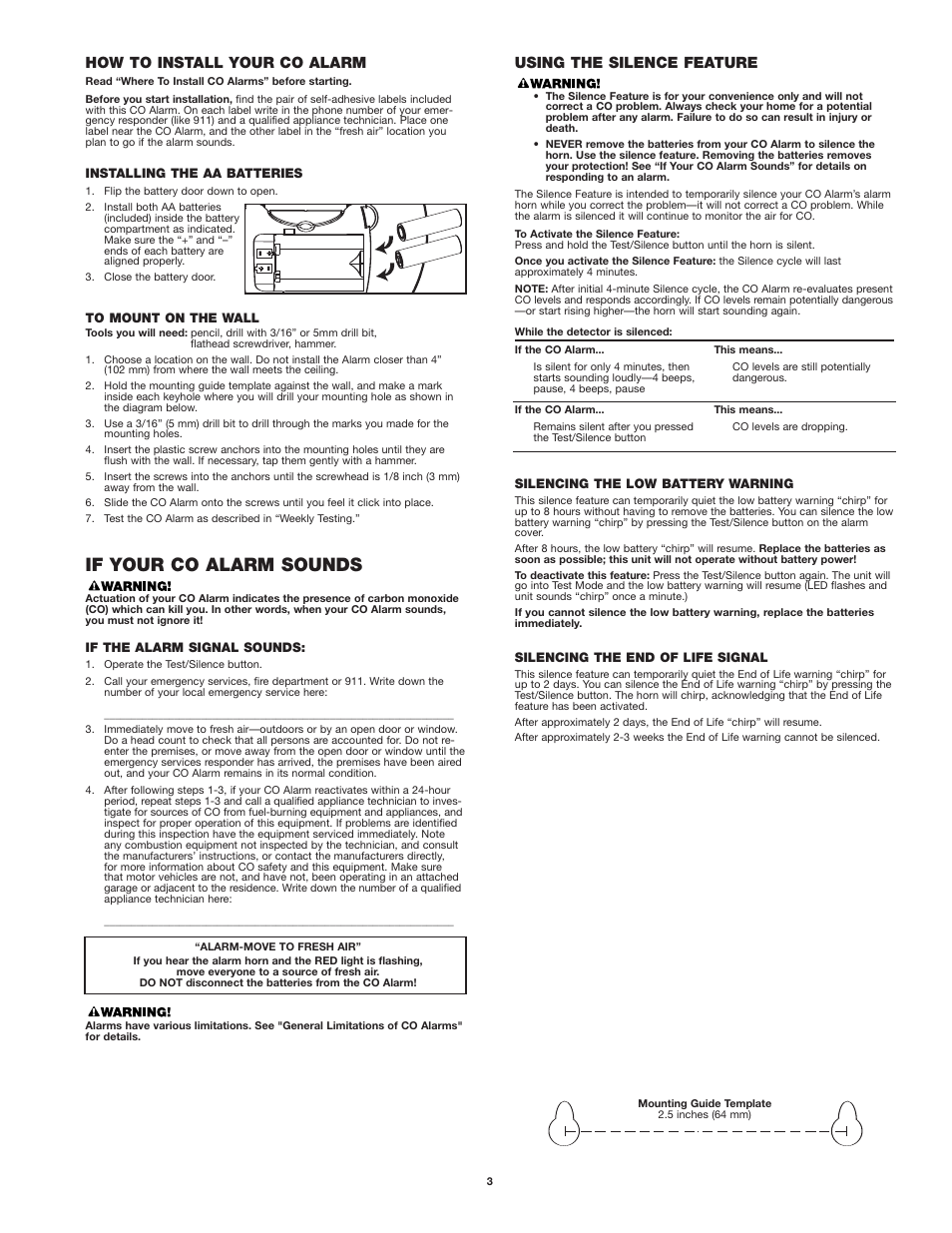 If your co alarm sounds, How to install your co alarm, Using the silence feature | First Alert KV-T29SN81 CO410 User Manual | Page 3 / 6