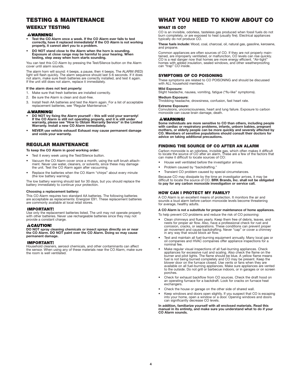 What you need to know about co, Testing & maintenance, Weekly testing | Regular maintenance | First Alert KV-T29SN81 CO410 User Manual | Page 4 / 6