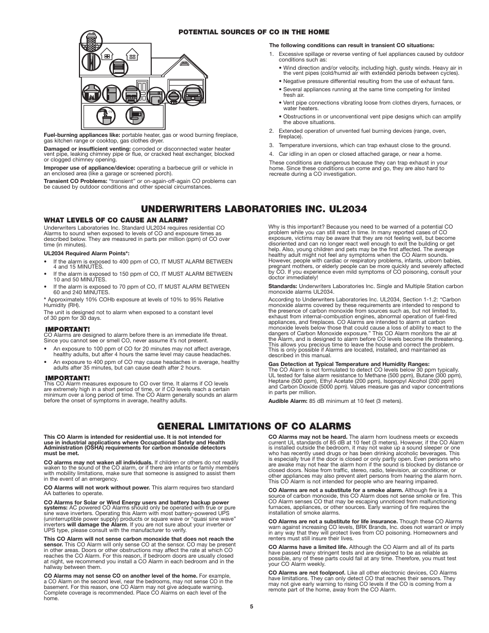 General limitations of co alarms, Underwriters laboratories inc. ul2034 | First Alert KV-T29SN81 CO410 User Manual | Page 5 / 6