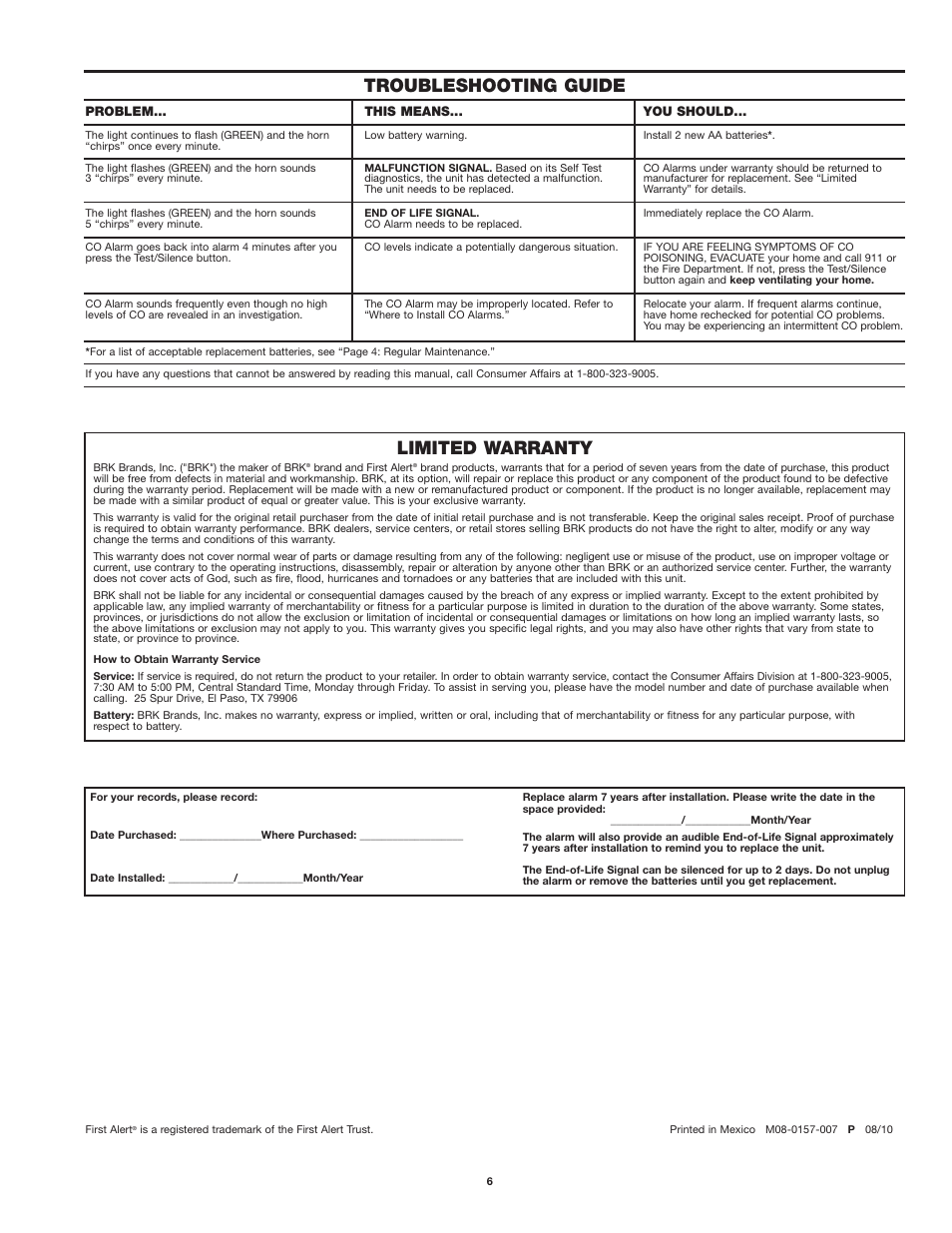 Limited warranty, Troubleshooting guide | First Alert KV-T29SN81 CO410 User Manual | Page 6 / 6