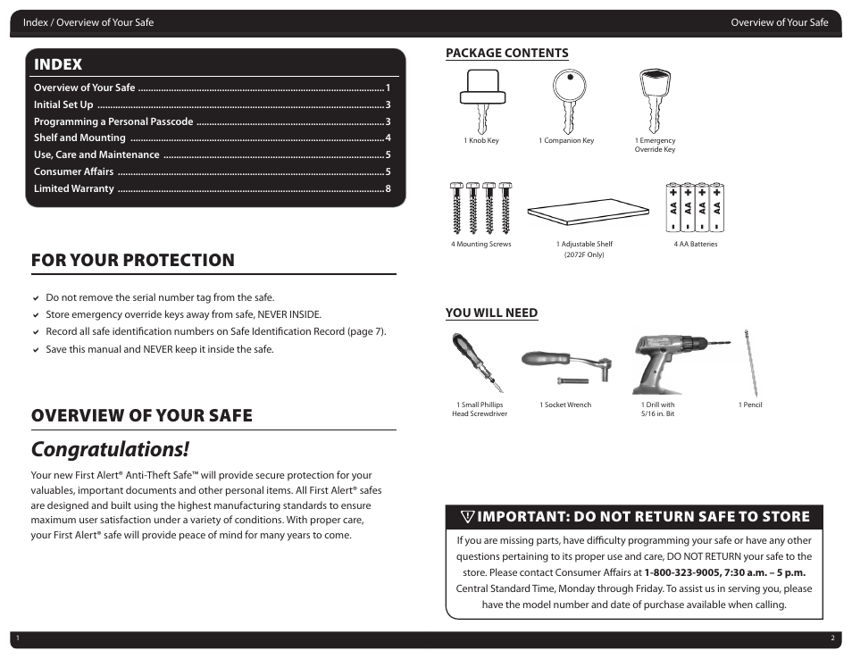 For your protection, Overview of your safe, Index | Important: do not return safe to store | First Alert Digital Anti-Theft Safe 2025F User Manual | Page 2 / 5