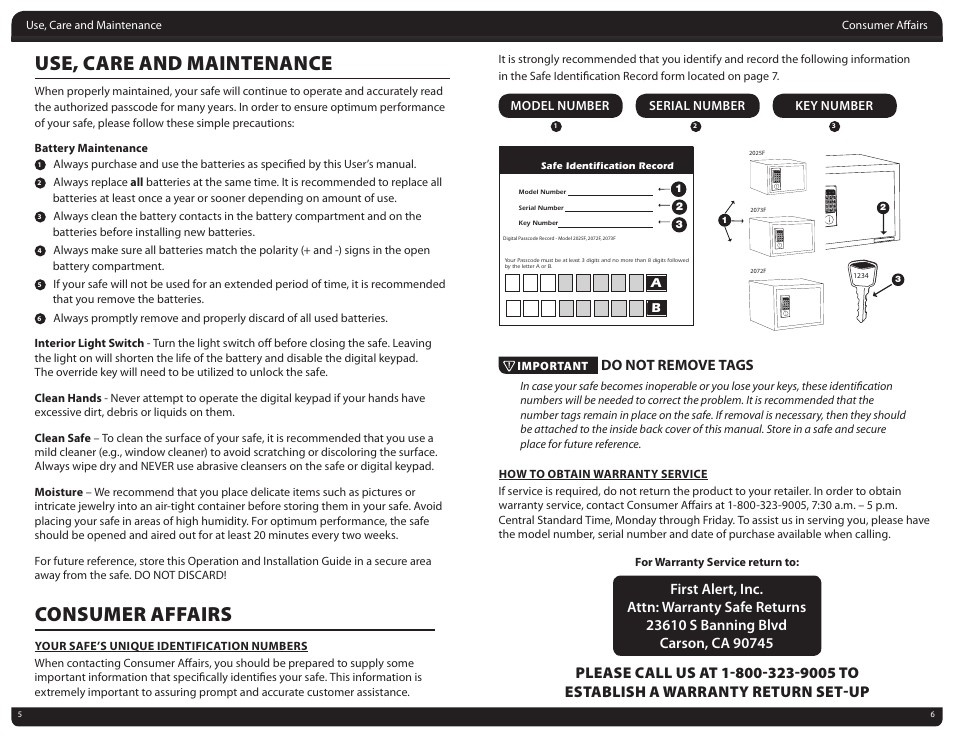 Use, care and maintenance, Consumer affairs, Do not remove tags | 98 7 b, Model number serial number key number | First Alert Digital Anti-Theft Safe 2025F User Manual | Page 4 / 5