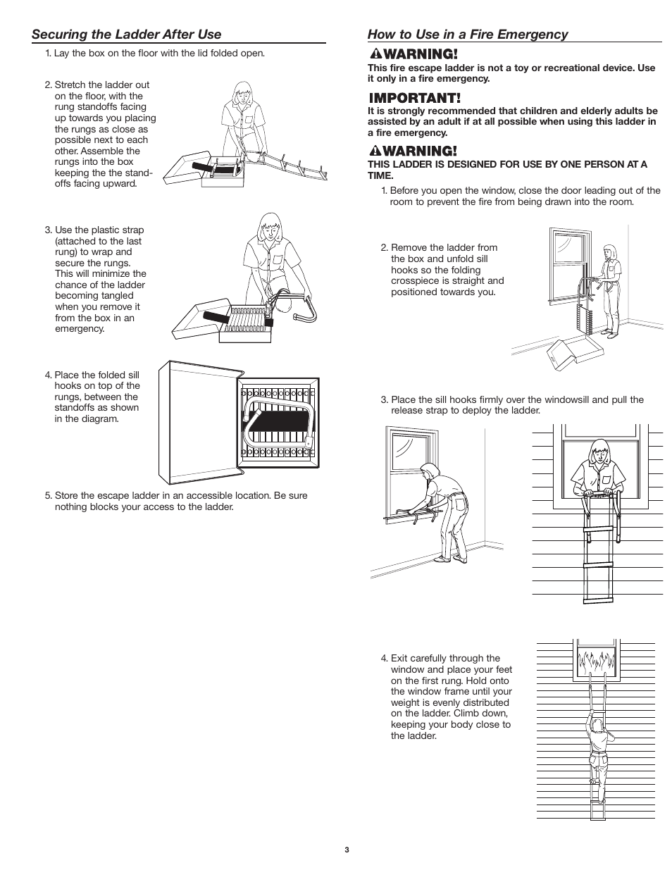 Securing the ladder after use, How to use in a fire emergency | First Alert EL52 User Manual | Page 3 / 4