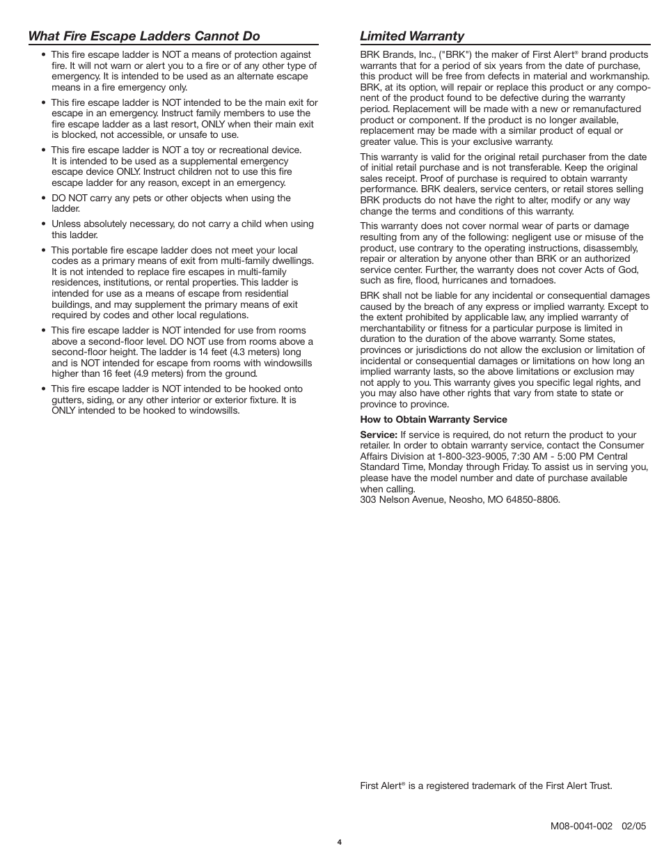 What fire escape ladders cannot do, Limited warranty | First Alert EL52 User Manual | Page 4 / 4