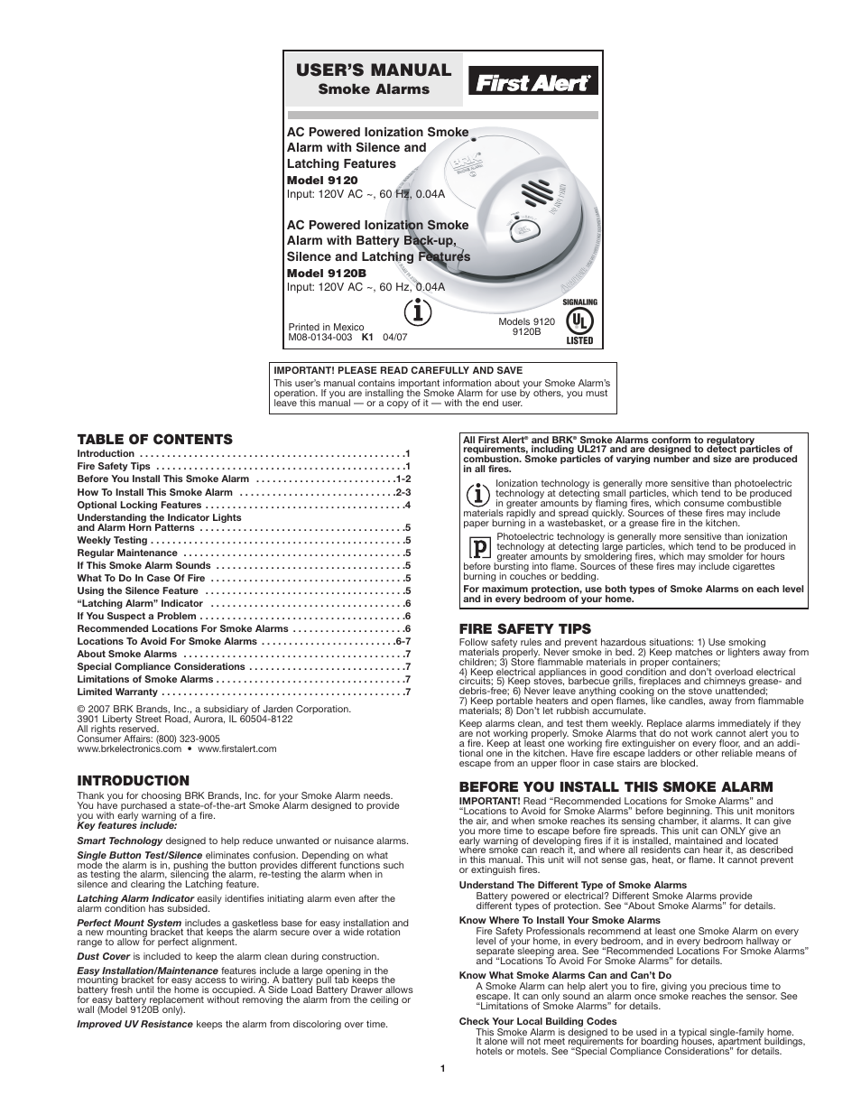 First Alert 9120B User Manual | 7 pages