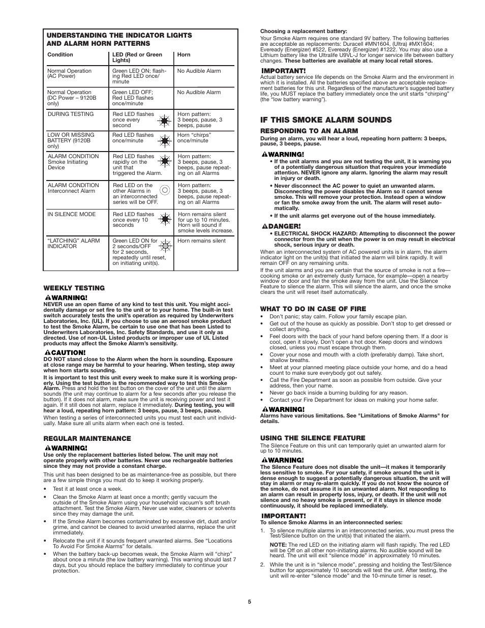 If this smoke alarm sounds | First Alert 9120B User Manual | Page 5 / 7