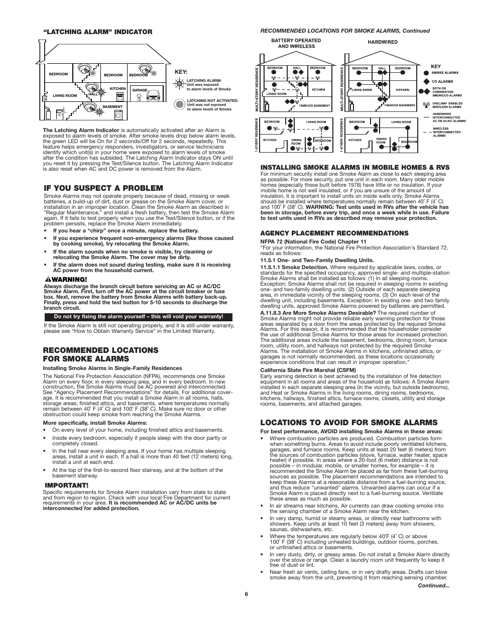 If you suspect a problem, Recommended locations for smoke alarms, Locations to avoid for smoke alarms | First Alert 9120B User Manual | Page 6 / 7