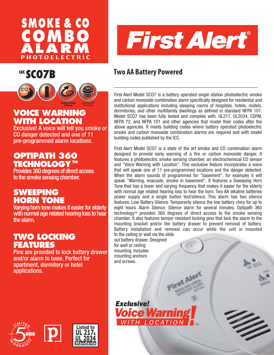 First Alert SCO7B User Manual | 2 pages
