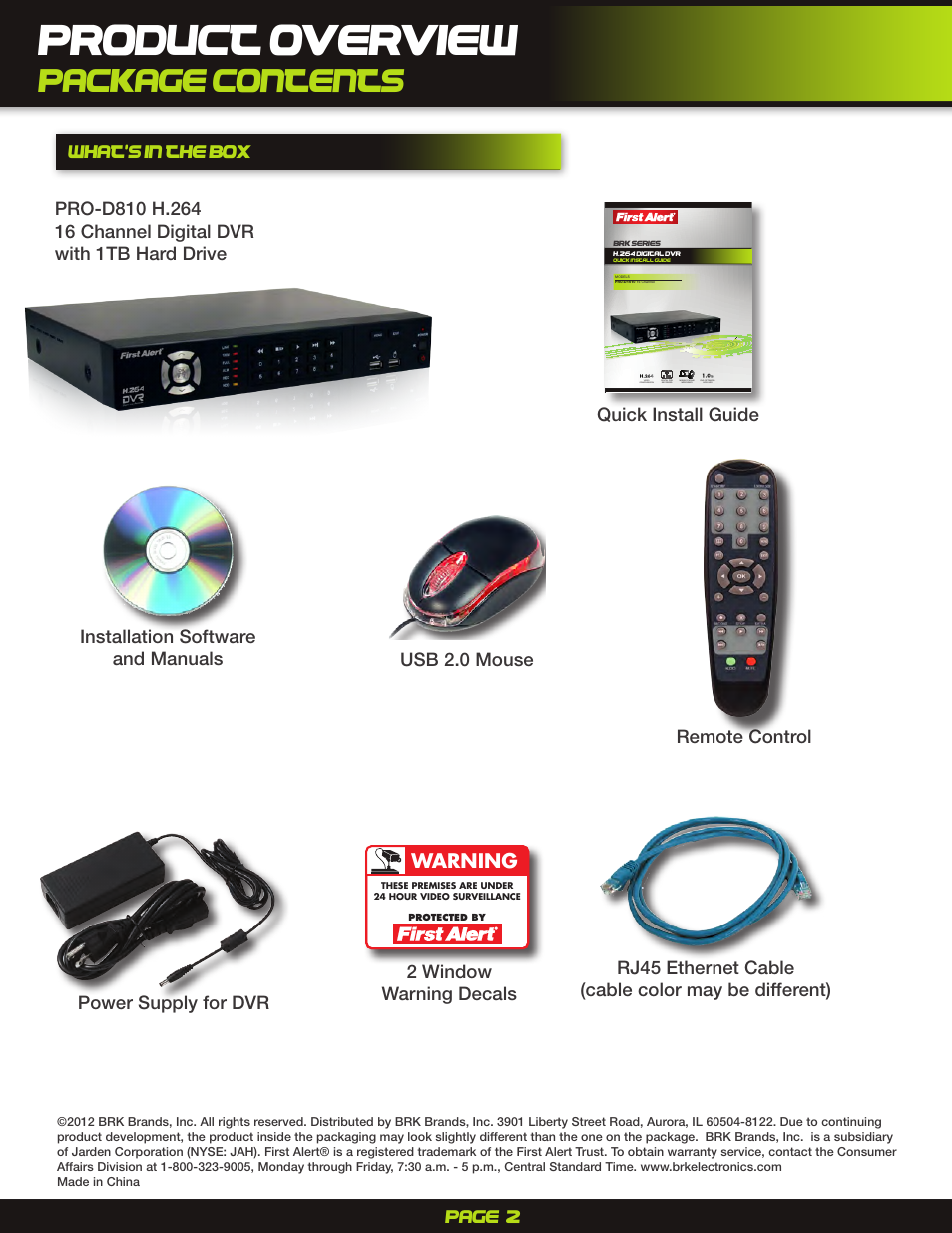 Product overview, Package contents, Warning | First Alert DigitalDVR PRO-D1610 User Manual | Page 2 / 12