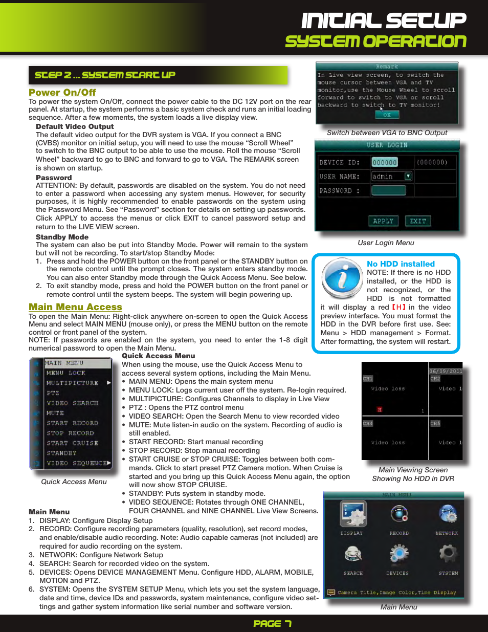 Initial setup, System operation | First Alert DigitalDVR PRO-D1610 User Manual | Page 7 / 12