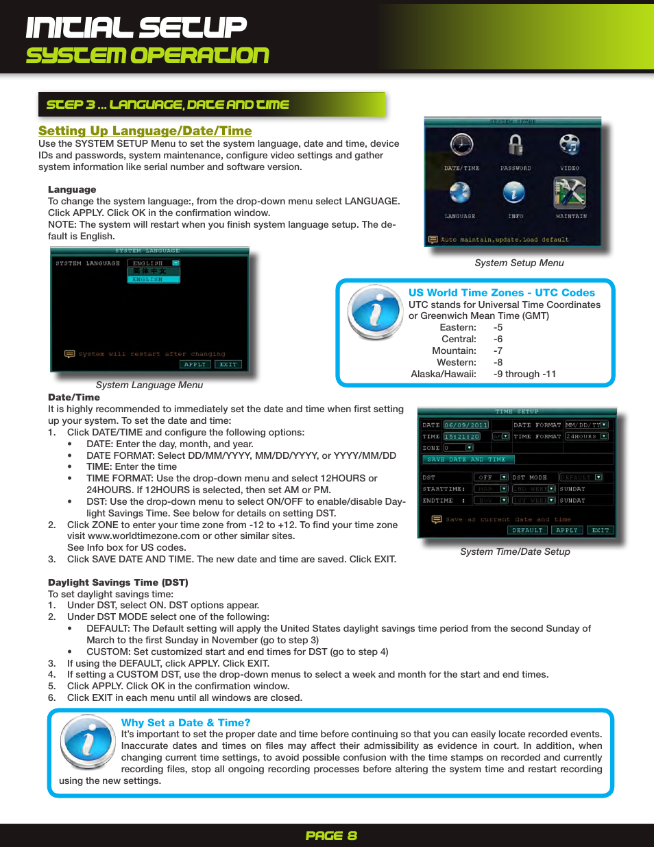 Initial setup, System operation | First Alert DigitalDVR PRO-D1610 User Manual | Page 8 / 12